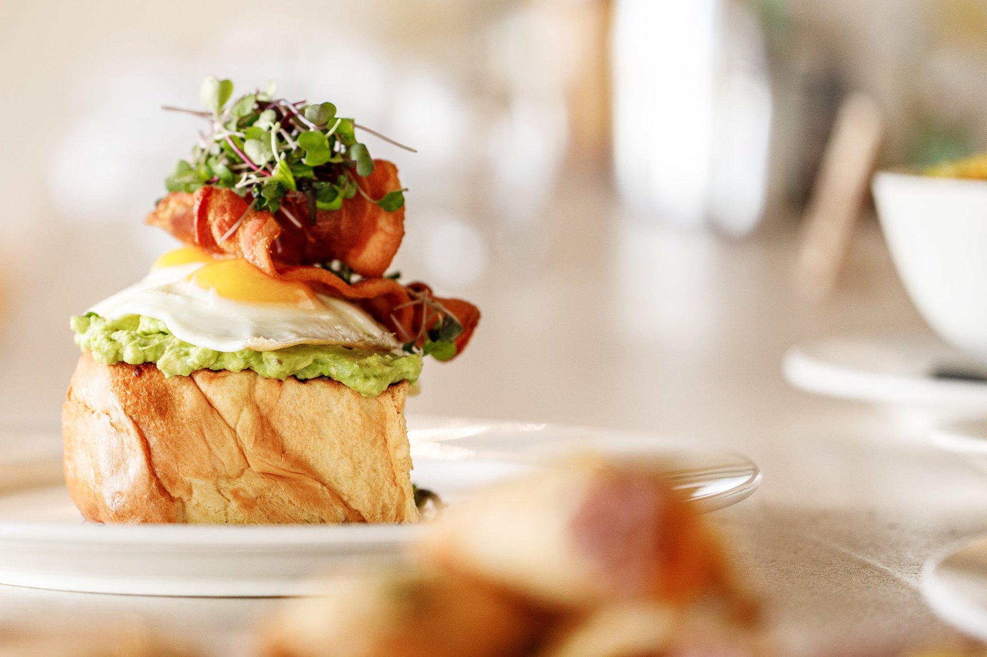 Gourmet sandwich stacked with toasted bread, avocado spread, bacon, cheese, tomato, and microgreens on a white plate